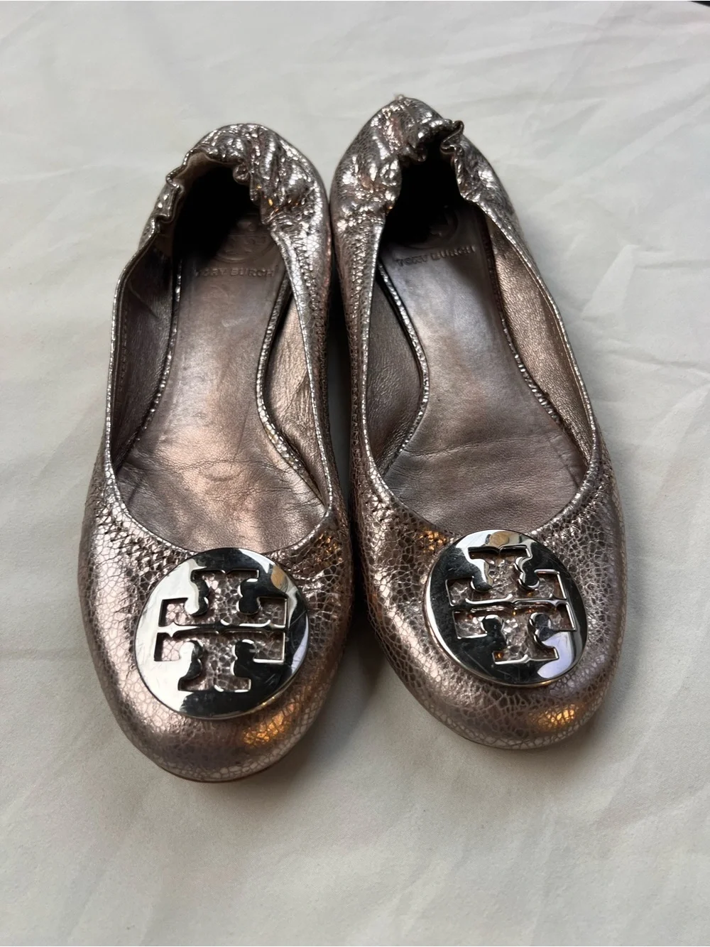 Tory Burch Reva Metallic Leather Ballet Flats Logo Stretch Back 6 6.5 Balletcore